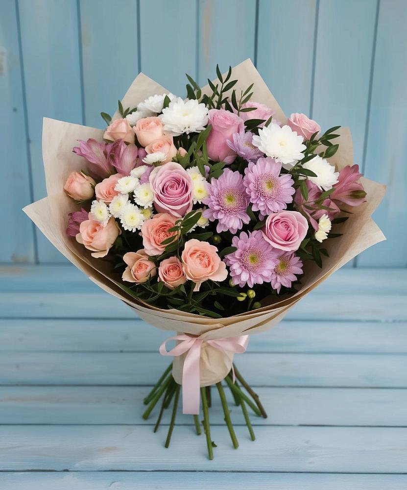 Букет цветов из: Хризантемы, Розы и Альстромерии в Шарлык