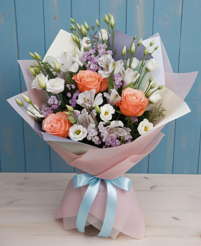 Букет цветов из: Лизиантусы, Розы, Альстромерии и Гипсофила в Шарлык
