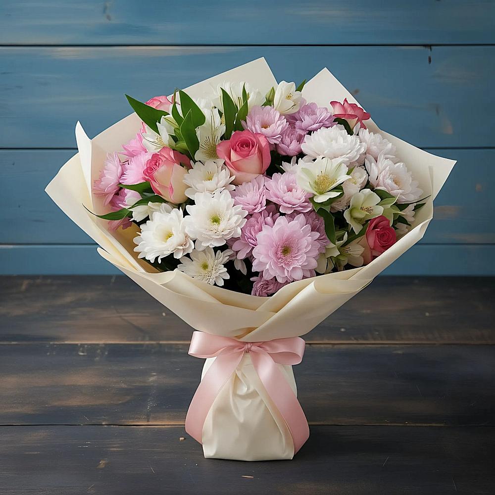 Букет цветов из: Хризантемы, Альстромерии и Розы в Шарлык